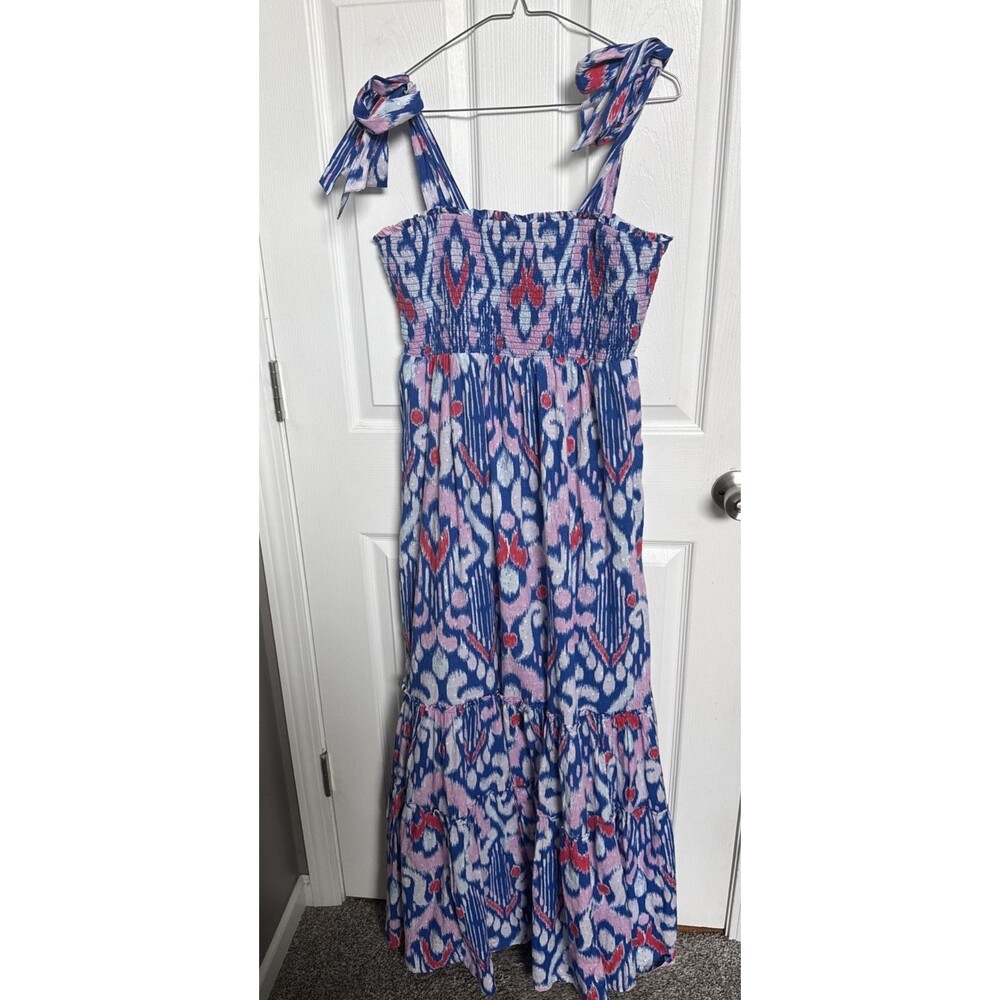 Crown & Ivy Blue Red Pink White Smocked Maxi Dress Pockets Size L